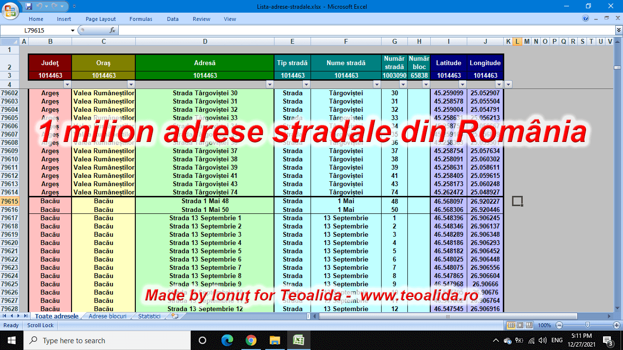 Listă adrese stradale din România (peste 1 milion adrese)